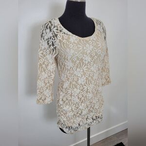 Jessica Simpson Maternity Top Lace Sheer Beige Gold Formal Event Dressy Small